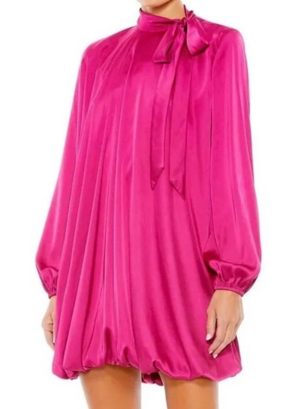 Mac Duggal 26922 Hot Pink Satin Cocktail Dress Long Sleeve Bubble Hem NWT